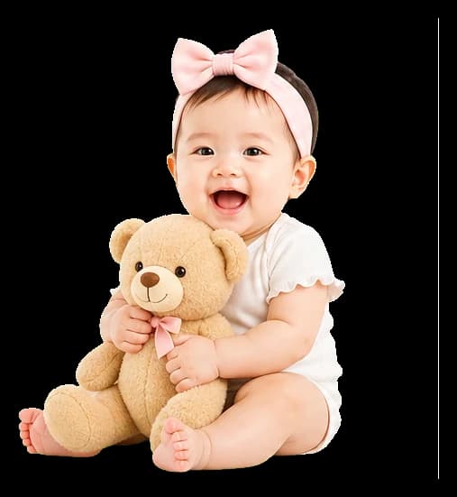 Em bé vui vẻ ôm gấu bông